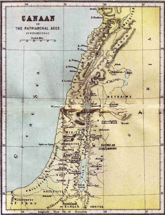 خريطة تصوّر منطقة كنعان المذكورة في الكتاب المقدس، وتُبرز تفاصيلها الجغرافية كالبحر الأبيض المتوسط ​​(المُسمى البحر الكبير)، ونهر الأردن، والبحر الميت (رسم هذه الخريطة رسام الخرائط دبليو هيوز)