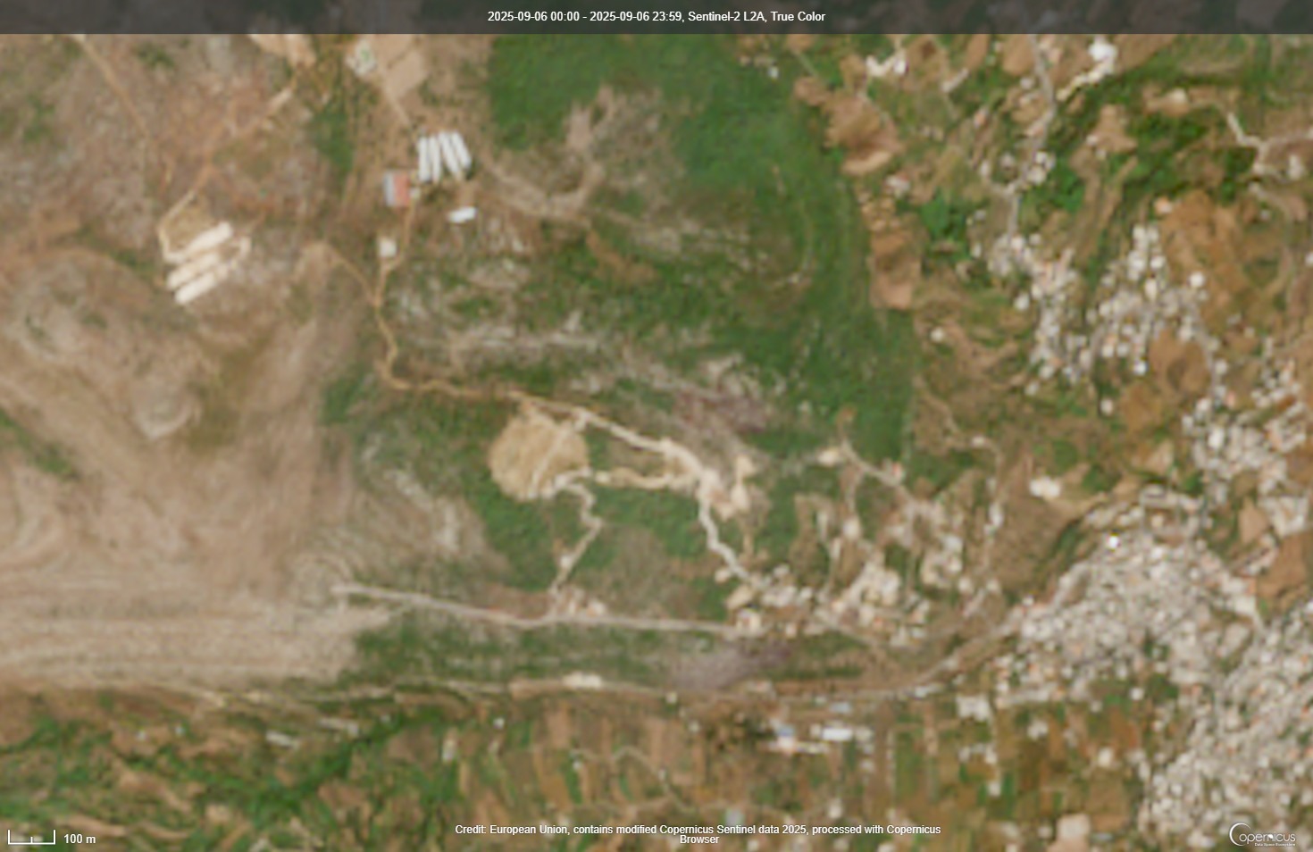 منطقة رحبة بعد تغيير الغطاء النباتي على حساب العمران  بين عام 2020 و2025 (صورة من الأقمار الاصطناعية - خالد طالب)