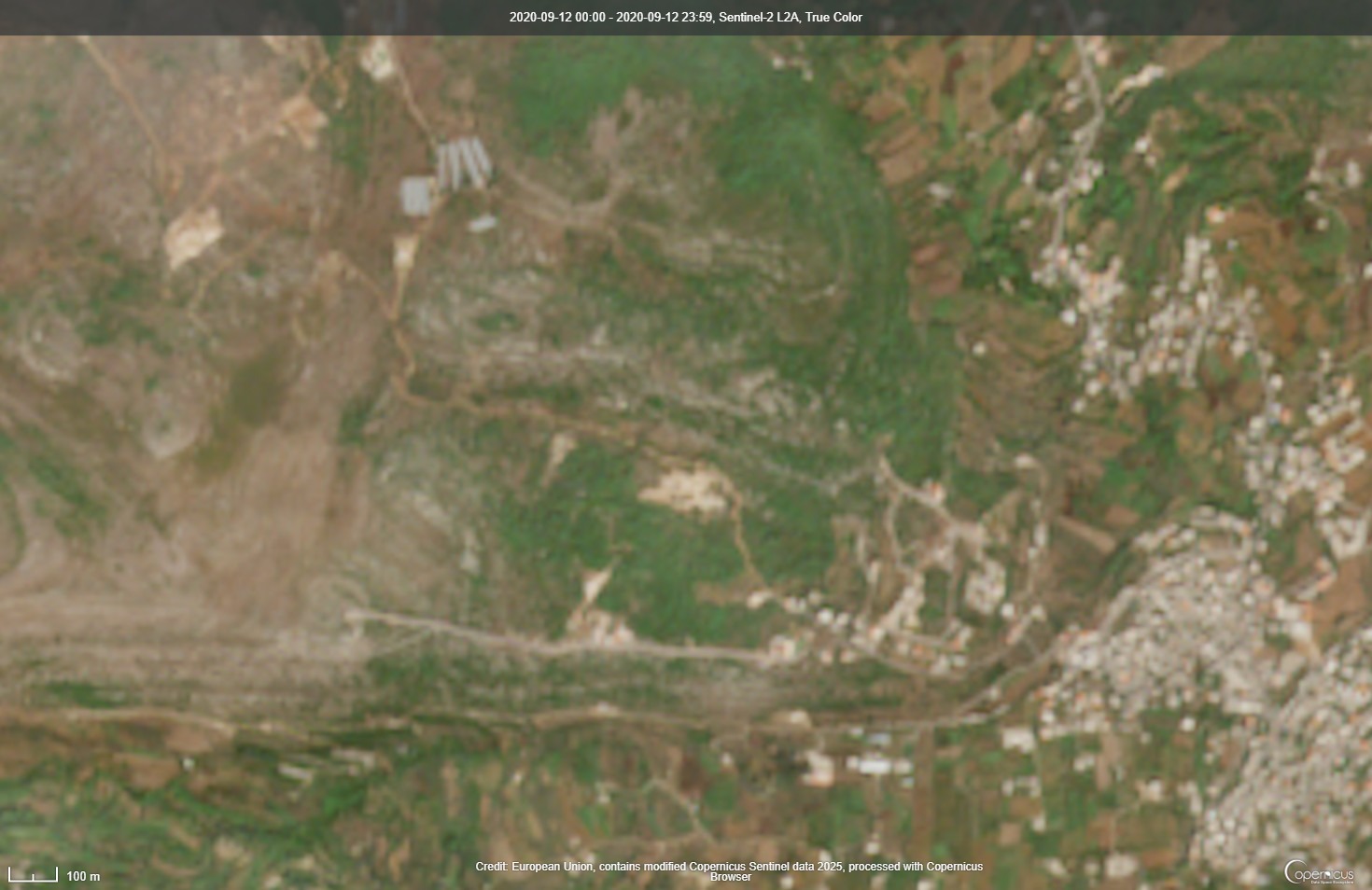 منطقة رحبة قبل تغيير الغطاء النباتي على حساب العمران (صورة من الأقمار الاصطناعية- خالد طالب)