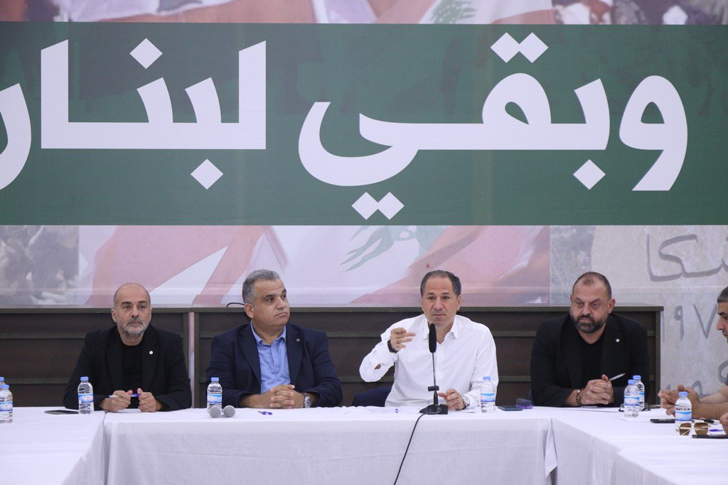 رئيس حزب الكتائب اللبنانية سامي الجميل خلال لقاء في إقليم المتن الشمالي الكتائبي في 10 يوليو 2026 (إكس)