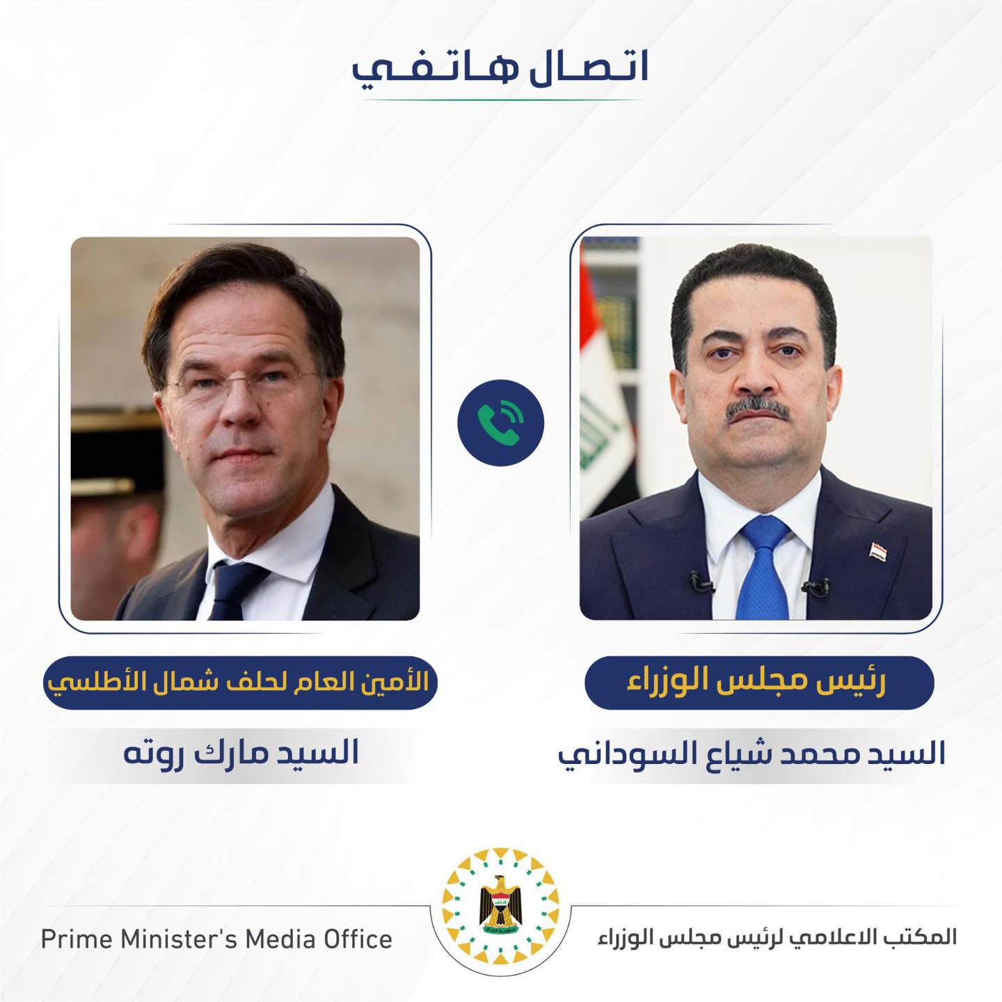 رئيس مجلس الوزراء العراقي محمد شياع السوداني في اتصال هاتفي مع الأمين العام لحلف شمال الأطلسي مارك روته