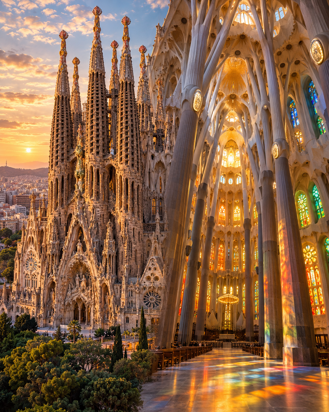 واجهة Sagrada Família وداخلها في مشهد مركّب يبرز أبراجها الشهيرة والأعمدة المتفرعة المستوحاة من أشكال الطبيعة. (صورة مولّدة بالذكاء الاصطناعي)