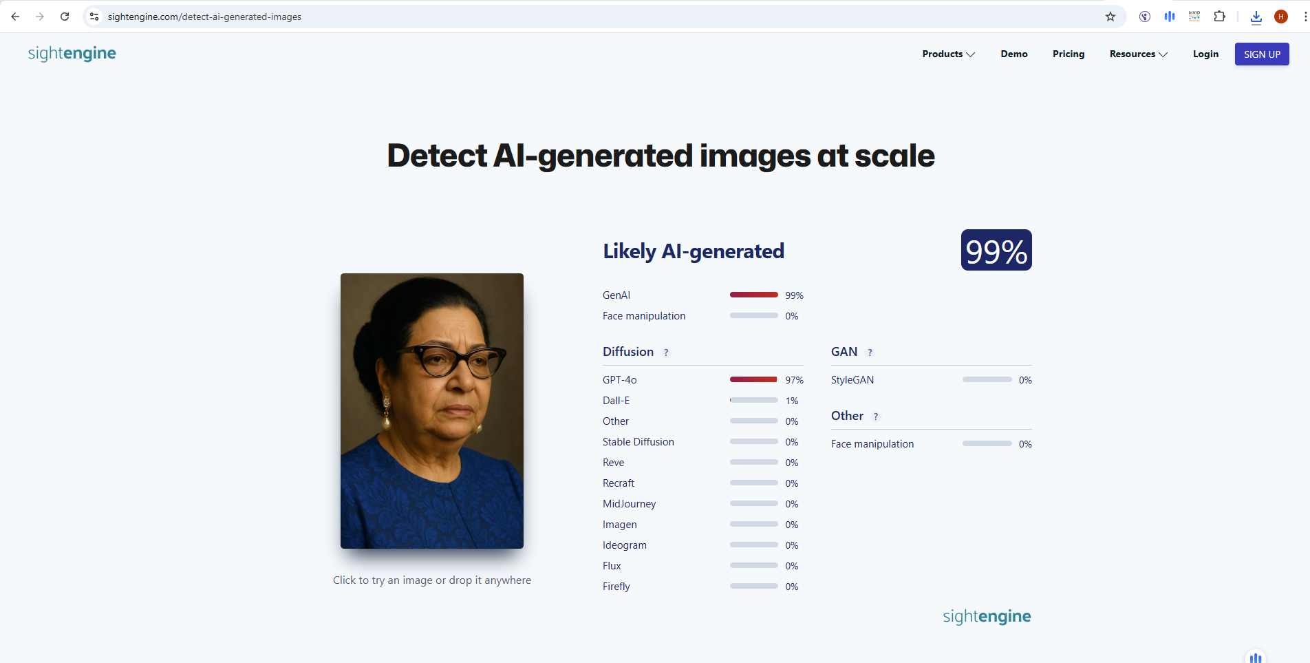 نتيجة فحص الصورة بواسطة Sightengine