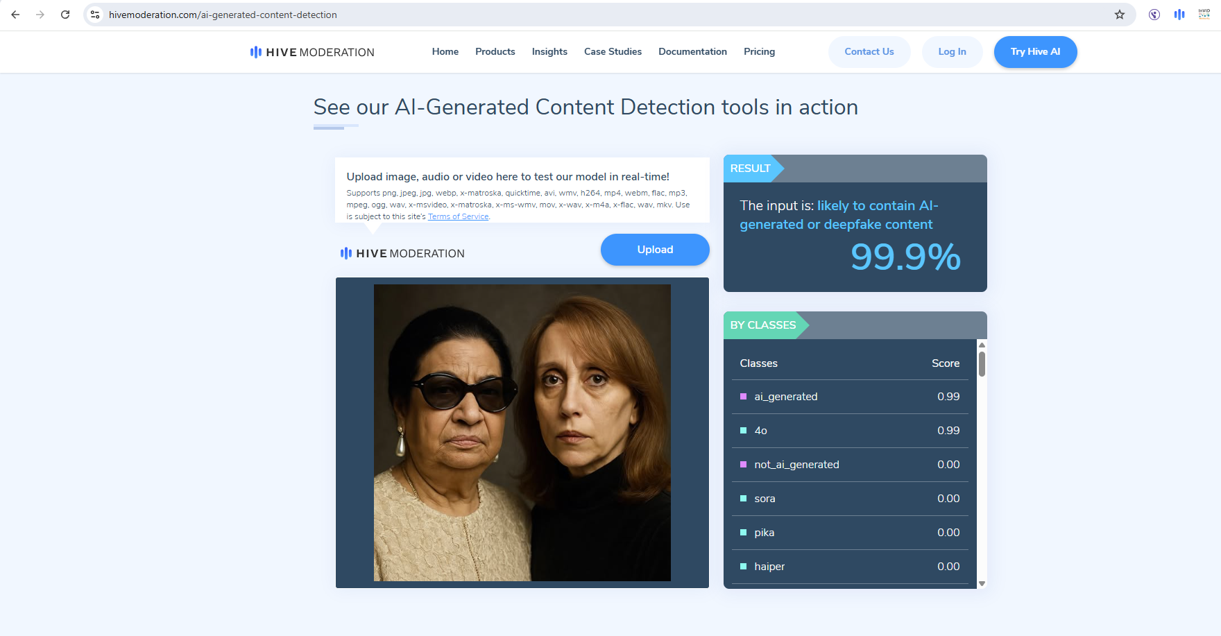 نتيجة فحص الصورة في موقع Hive Moderation