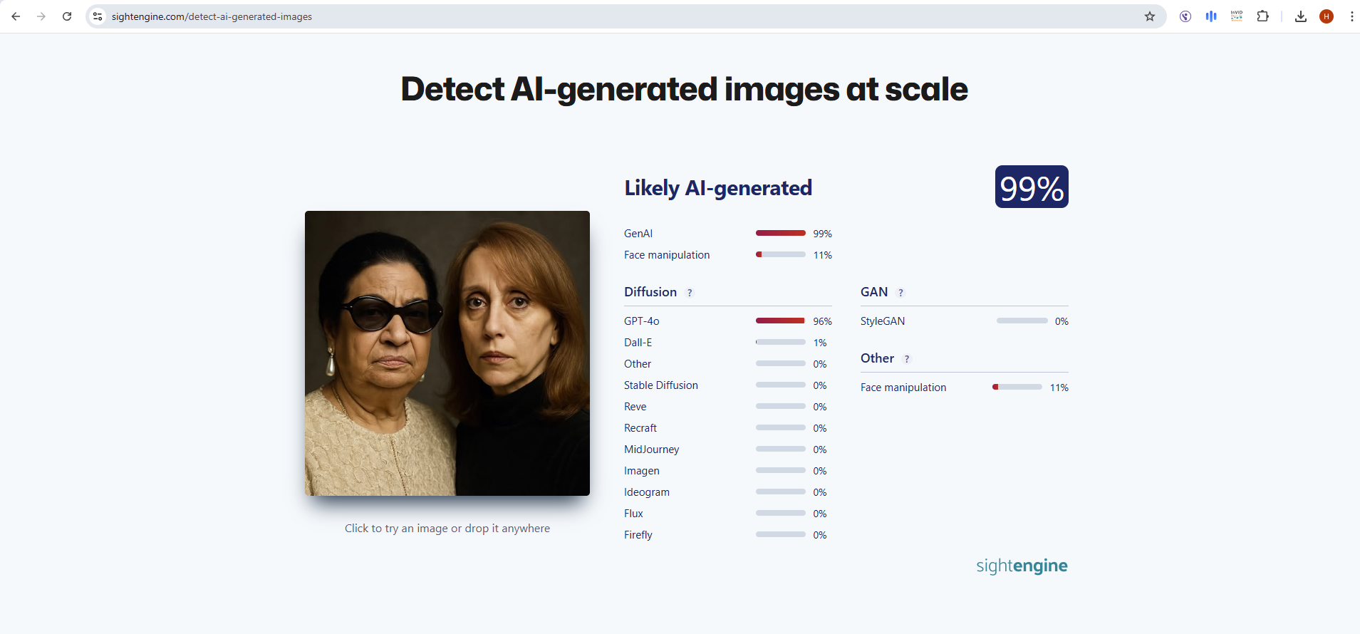 نتيجة فحص الصورة في موقع Sightengine 