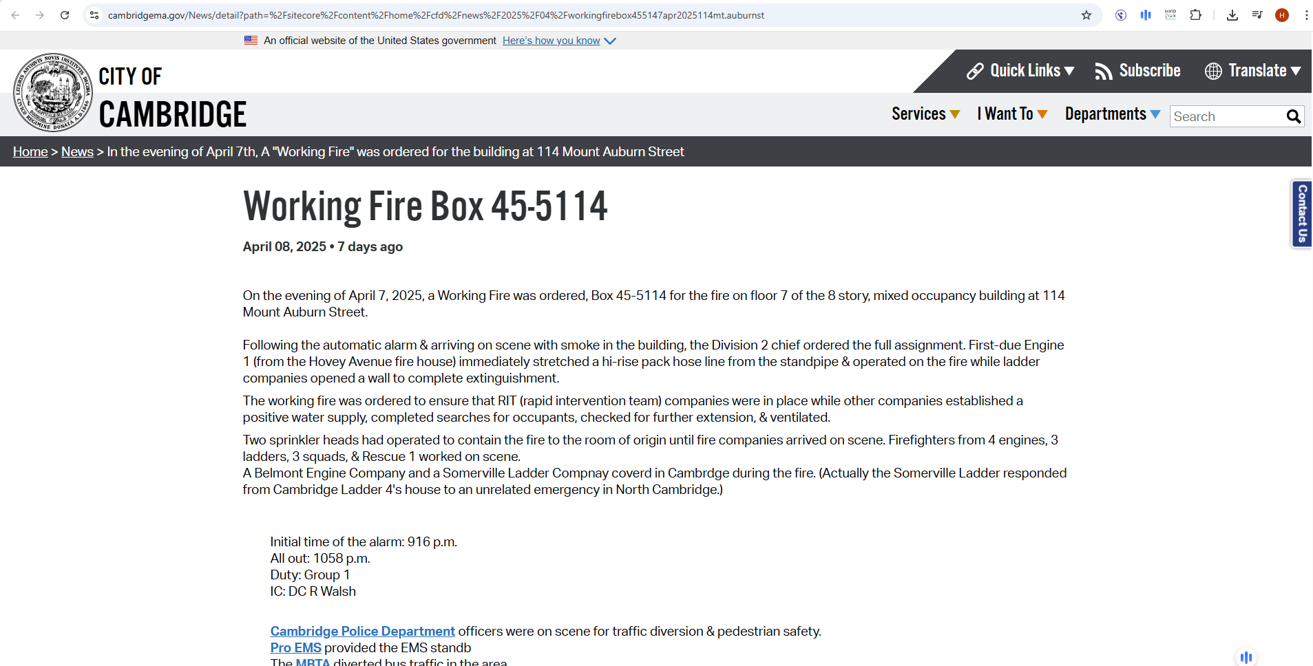 خبر عن الحريق نشره موقع City of Cambridge