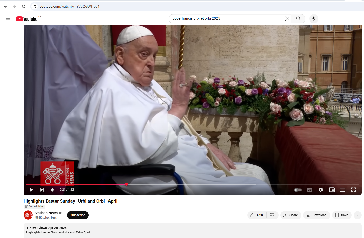 لقطة من الفيديو المنشور في حساب موقع فاتيكان نيوز في يوتيوب، في 20 نيسان 2025. 