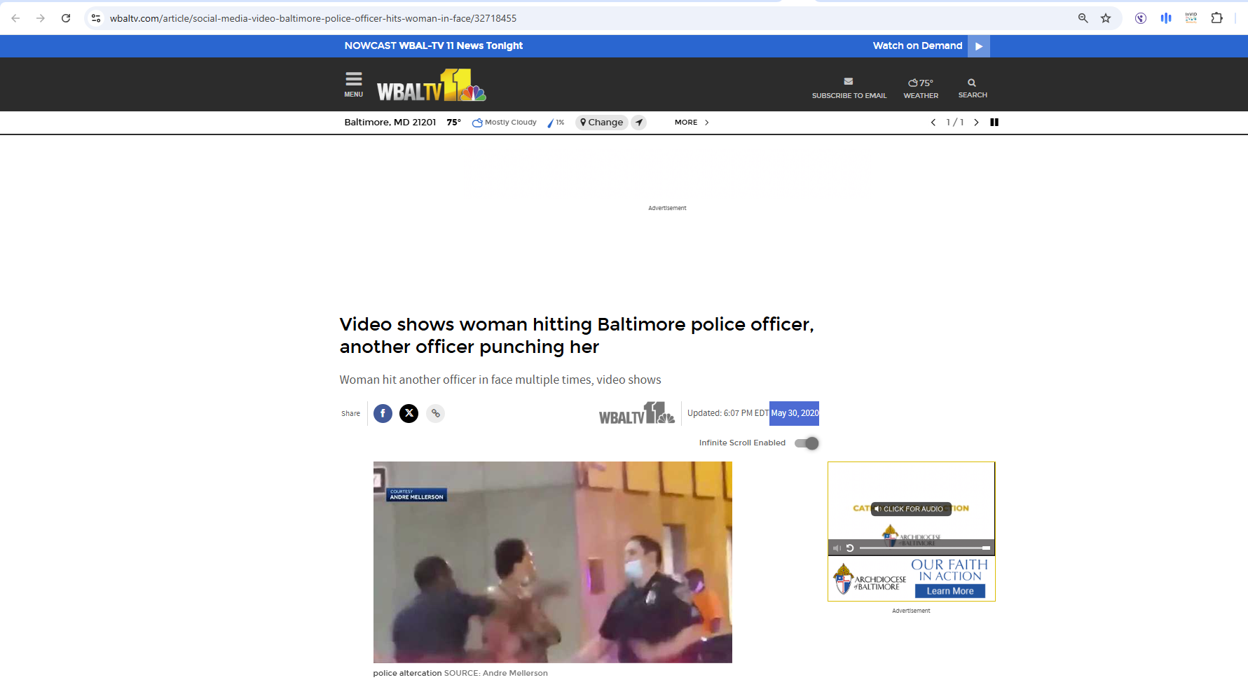 لقطة من المقطع منشورة في موقع wbaltv في 30 ايار 2020