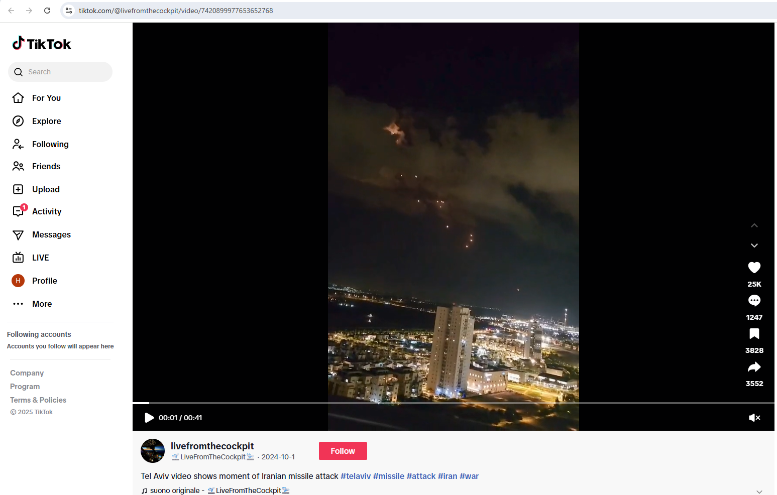 لقطة من الفيديو المنشور في حساب LiveFromTheCockpit في تيك توك، في 1 ت1 2024
