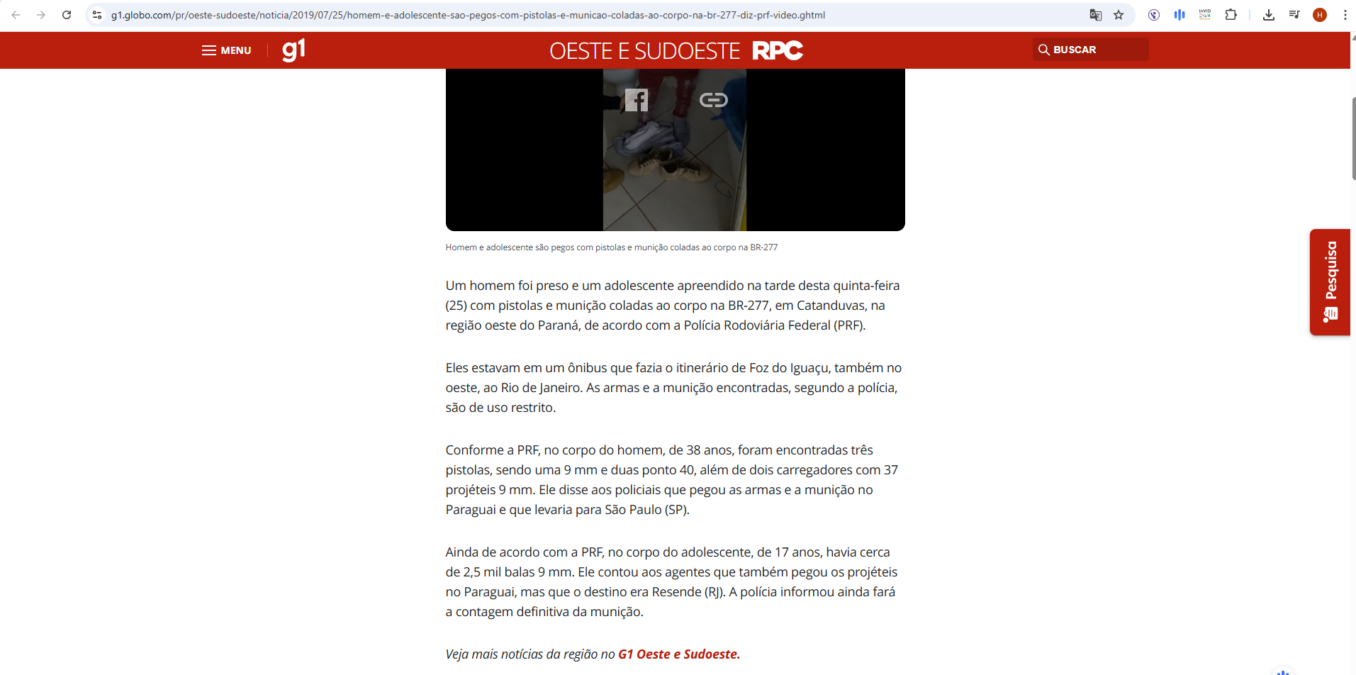 الخبر والفيديو في موقع g1.globo