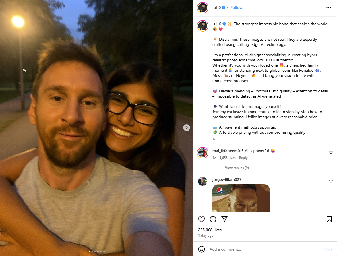 صور لميسي وميا خليفة منشورة في حساب _ul_0@ في انستغرام، في 2 تموز 2025