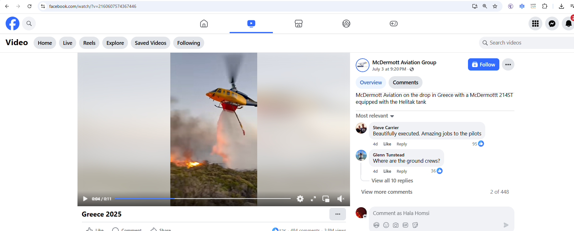 لقطة من الفيديو المنشور في صفحة McDermott Aviation Group  في الفايسبوك في 3 تموز 2025