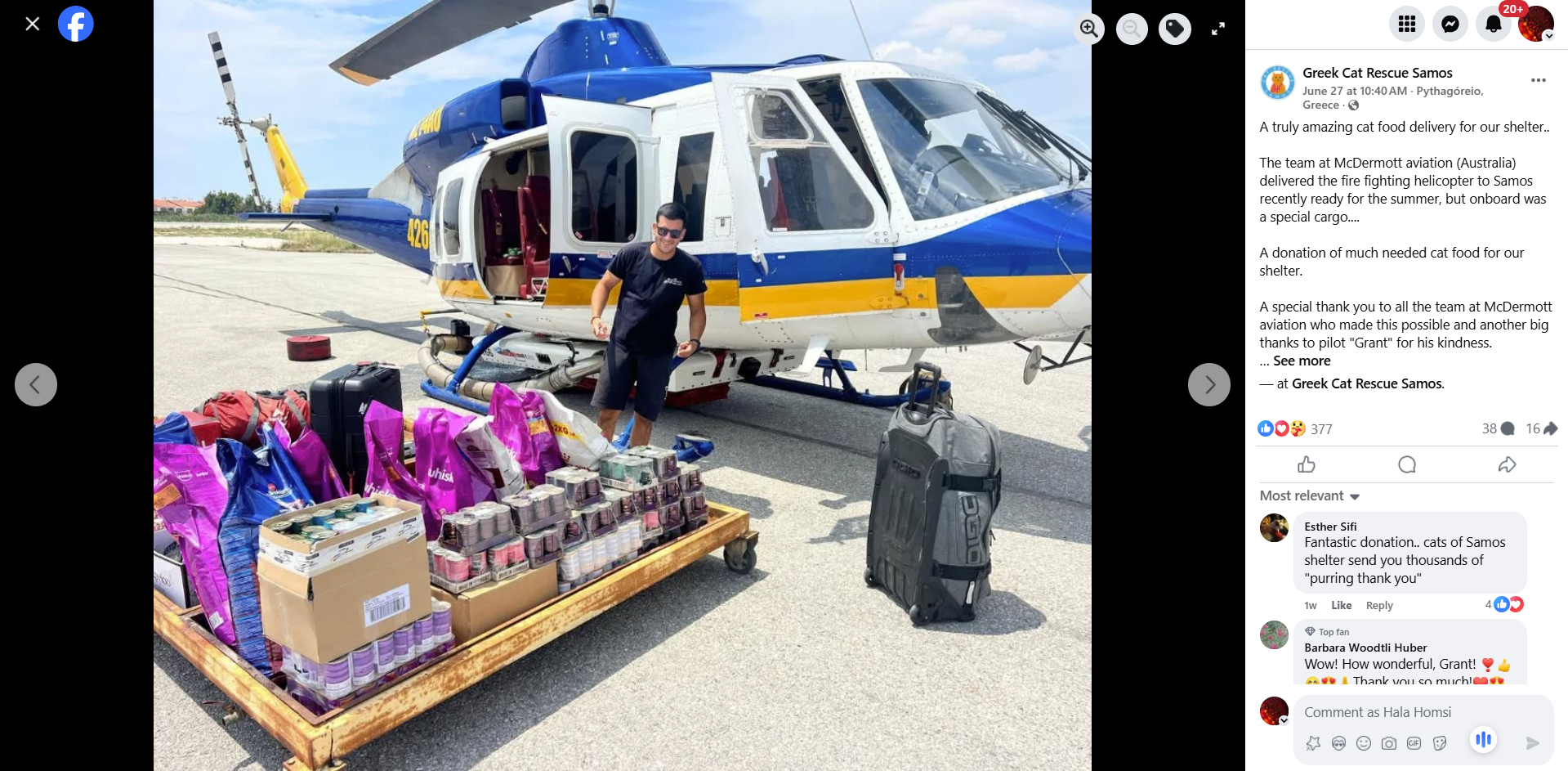  منشور لـGreek Cat Rescue Samos في الفايسبوك عن توصيل فريق McDermott لطعام للقطط (27 حزيران 2025)