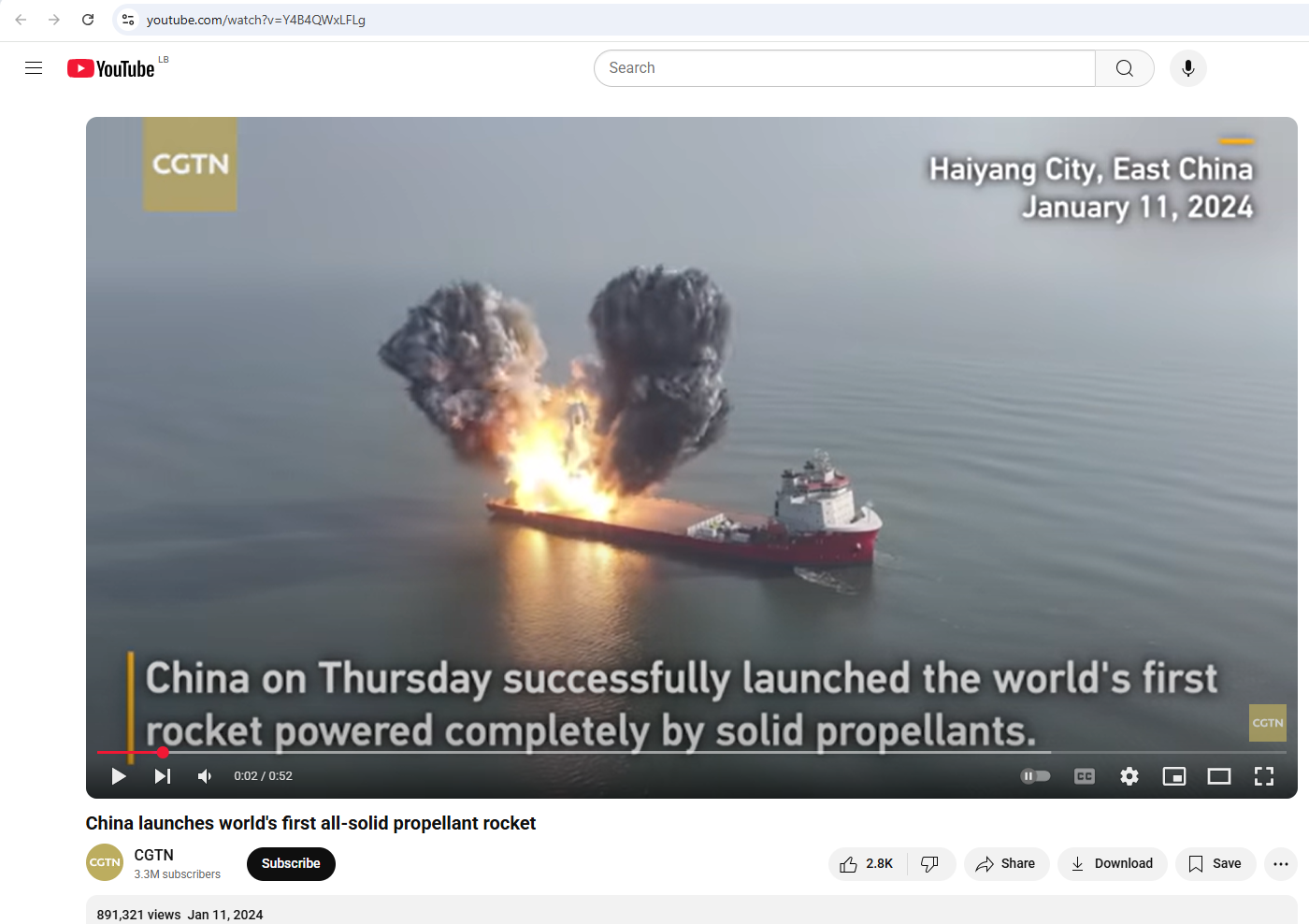 لقطة من الفيديو المنشور في حساب CGTN في يوتيوب، في 11 ك2 2024