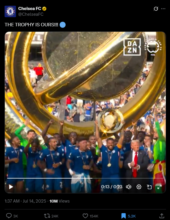 لقطة من الفيديو المنشور في حساب نادي تشيلسي في اكس، في 13 تموز 2025