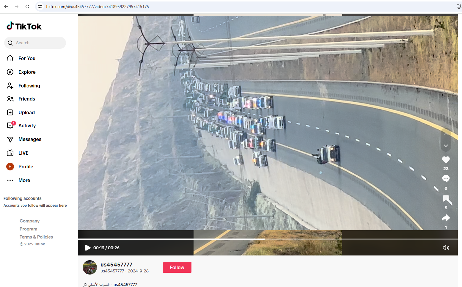 لقطة من الفيديو المنشور في حساب us45457777 في 26 ايلول 2024