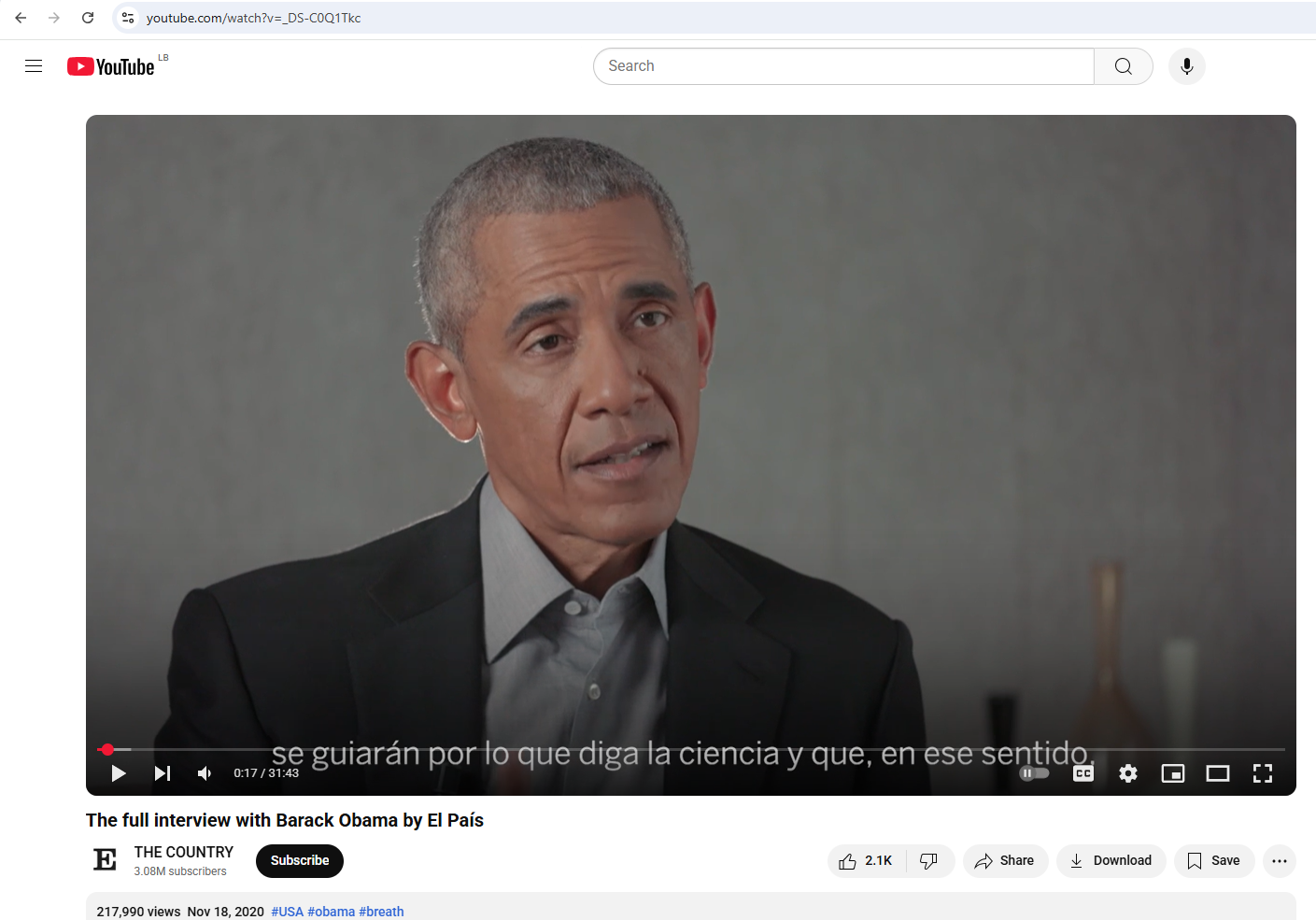 لقطة من الفيديو المنشور في حساب El País في يوتيوب في 18 تشرين الثاني 2020