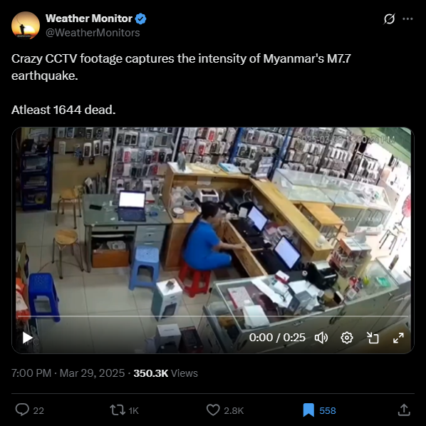 لقطة من الفيديو المنشور في حساب Weather monitor في اكس في 29 آذار 2025