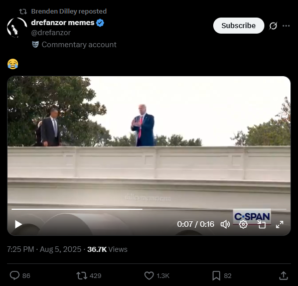 الفيديو منشور في حساب برندن ديلي في اكس، في 5 آب 2025