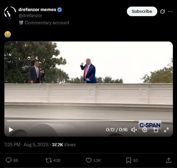 لقطة من الفيديو المنشور في حساب drefanzor memes في اكس، في 5 آب 2025