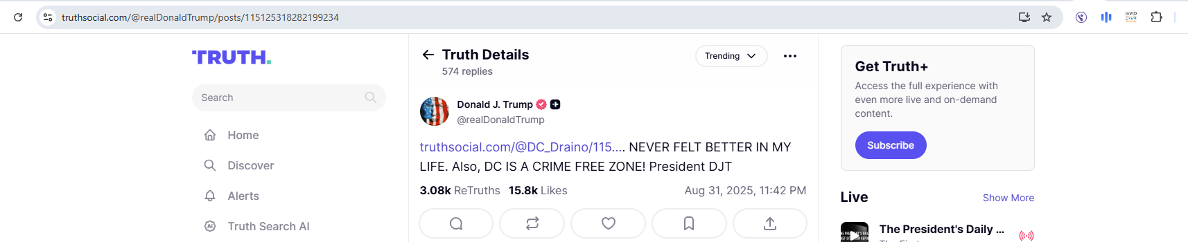 منشور ترامب على تروث سوشيال في 31 آب 2025