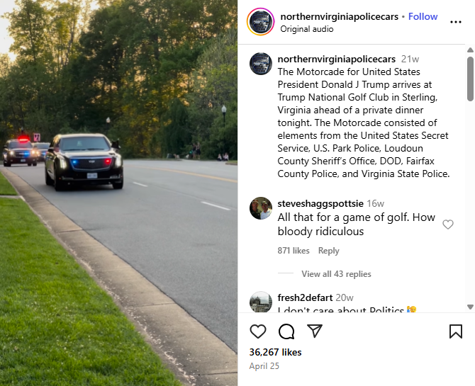 لقطة من الفيديو المنشور في حساب Northern Virginia Police Cars في انستغرام في 25 نيسان 2025