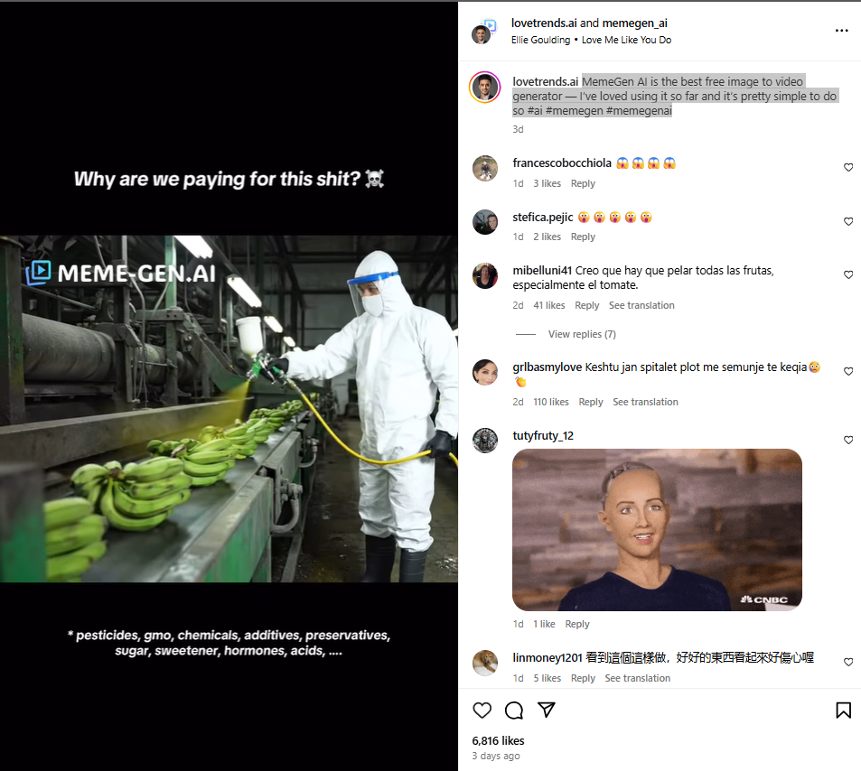 لقطة من الفيديو المنشور في حسابي lovetrends.ai وMemeGen AI في انستغرام في 20 ايلول 2025