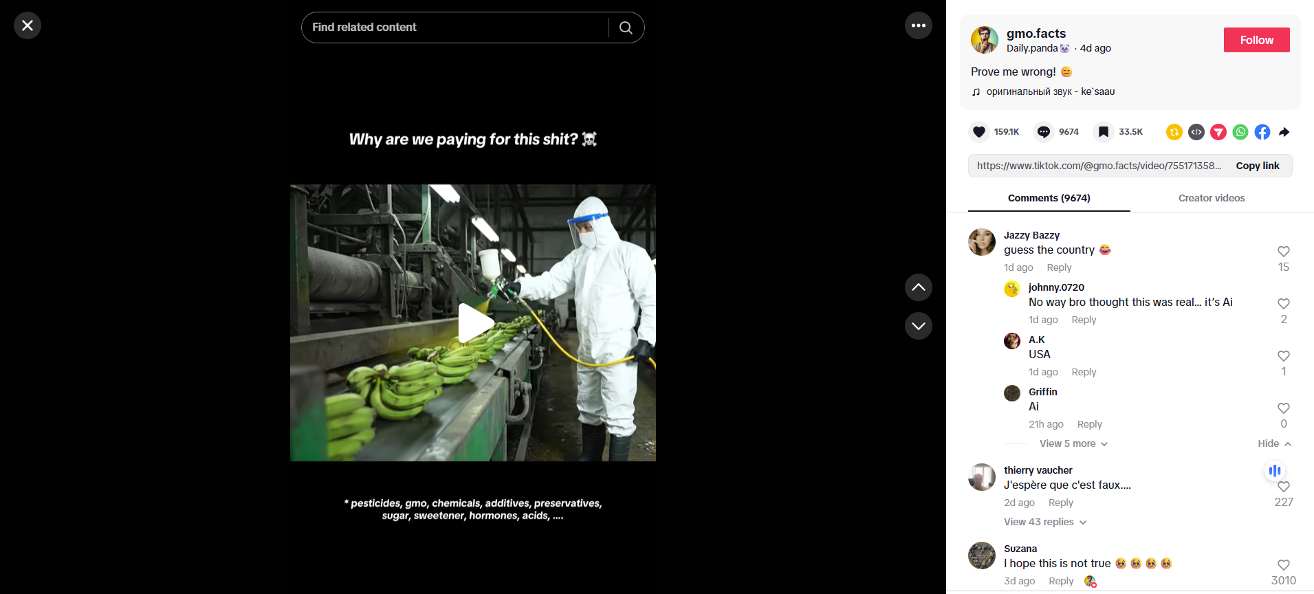 لقطة من الفيديو المنشور في حساب gmo.facts@ في تيك توك في 19 ايلول 2025