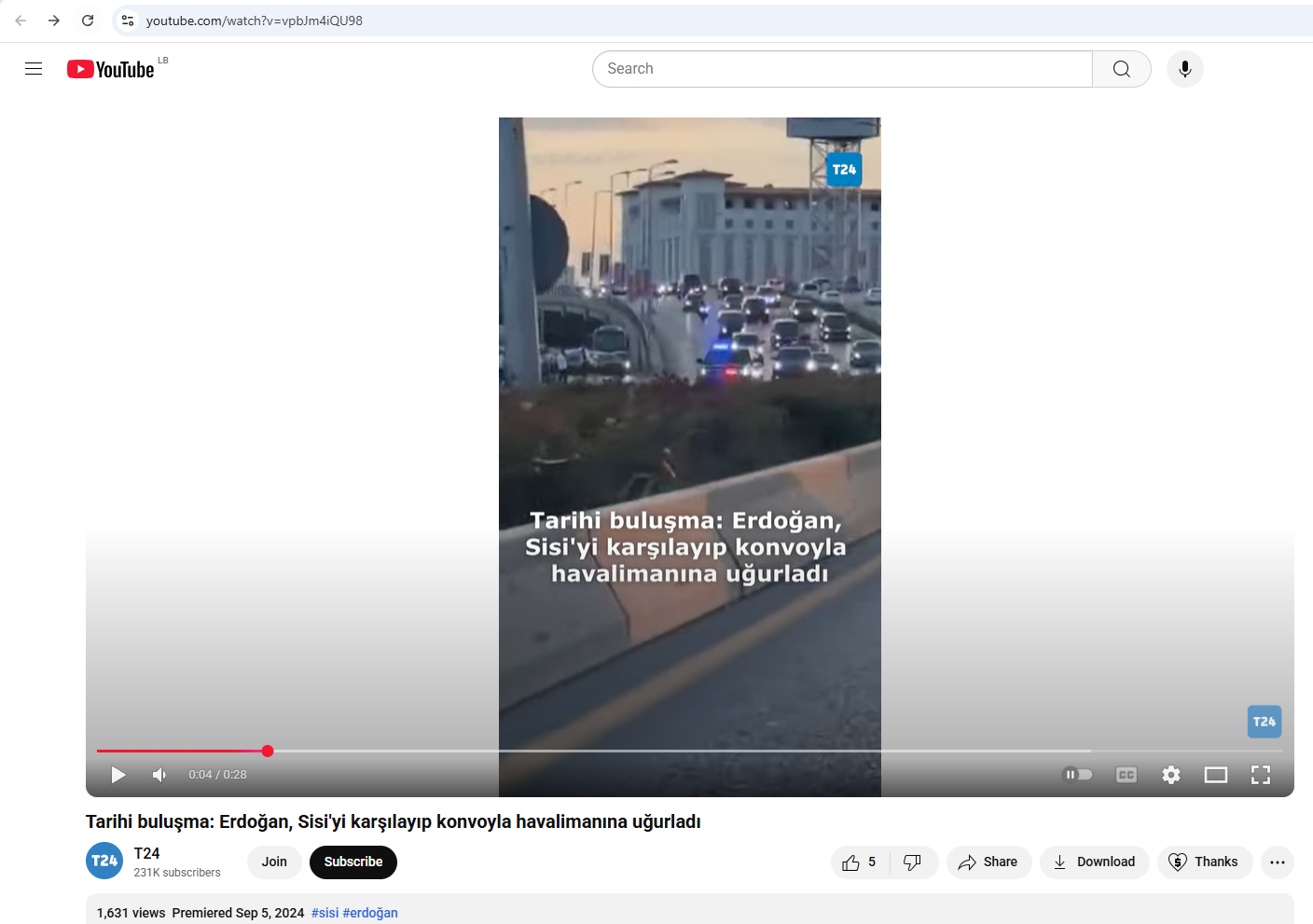 لقطة من الفيديو المنشور في حساب قناة T24 في يوتيوب، في 5 ايلول 2025