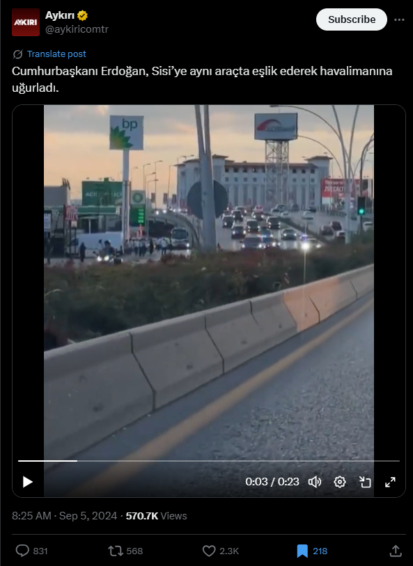 لقطة من الفيديو المنشور في حساب موقع Aykırı التركي في اكس في 5 ايلول 2025