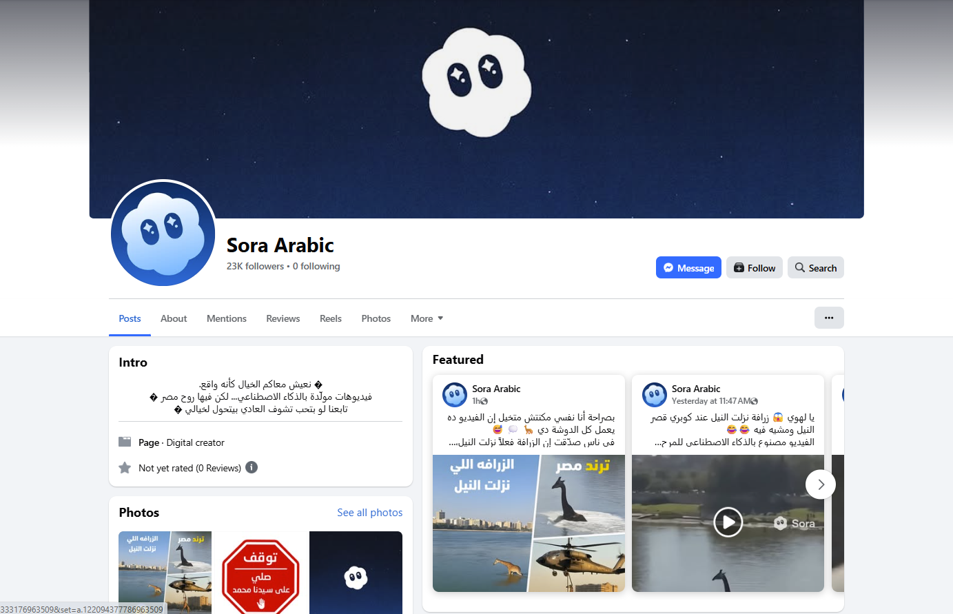 لقطة لصفحة SORA Arabic في الفايسبوك