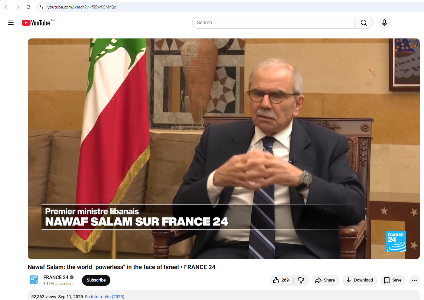 لقطة من الفيديو المنشور في حساب قناة قرانس 24 في يوتيوب، في 11 ايلول 2025