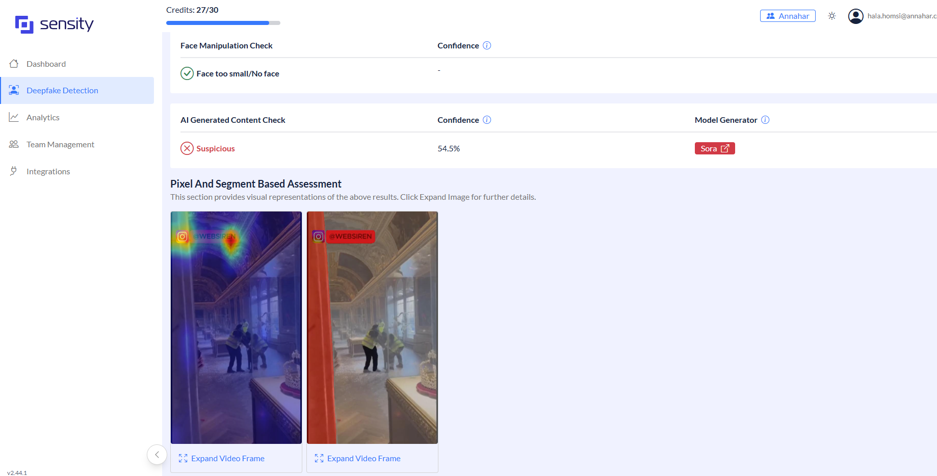 تحليل موقع Sensity.ai للمقطع