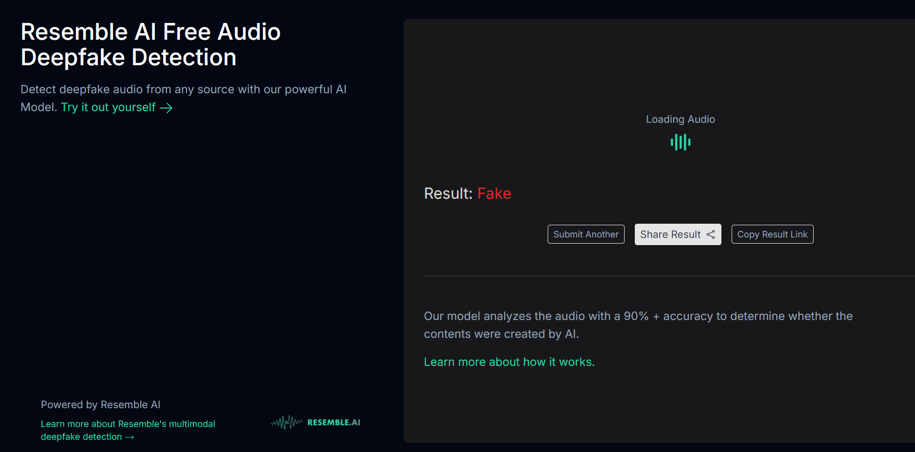 لقطة شاشة لنتيجة تحليل Detect Resemble Ai