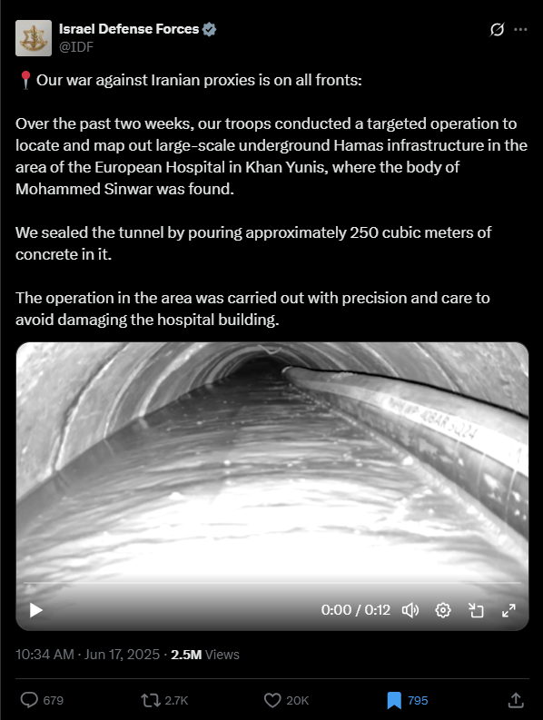 لقطة من الفيديو المنشور في حساب الجيش الاسرائيلي في اكس، في 17 حزيران 2025