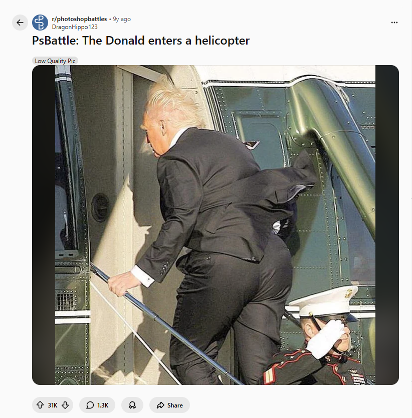 الصورة منشورة في حساب PhotoshopBattles في موقع Reddit في 29 كانون الثاني 2017