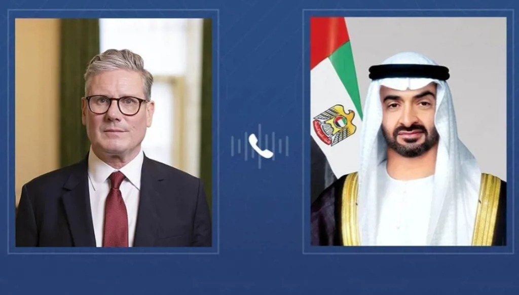 بن زايد ورئيس الوزراء البريطاني يؤكدان خلال اتصال هاتفي دعم حل الدولتين والسلام في المنطقة