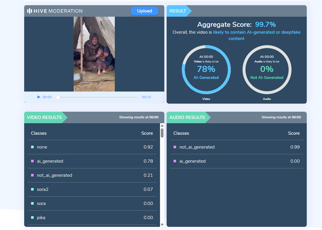 نتيجة فحص الفيديو في موقع Hive Moderation