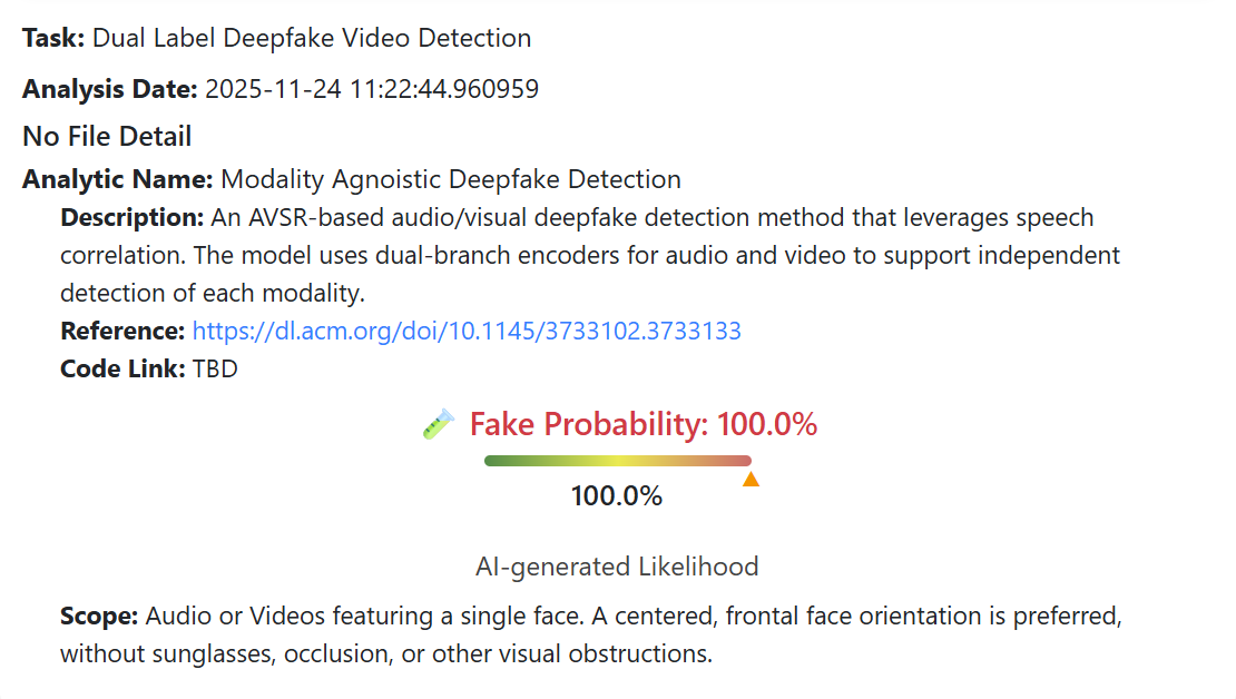 نتيجة فحص المقطع الاول بواسطة برنامج DeepFake-O-Meter 
