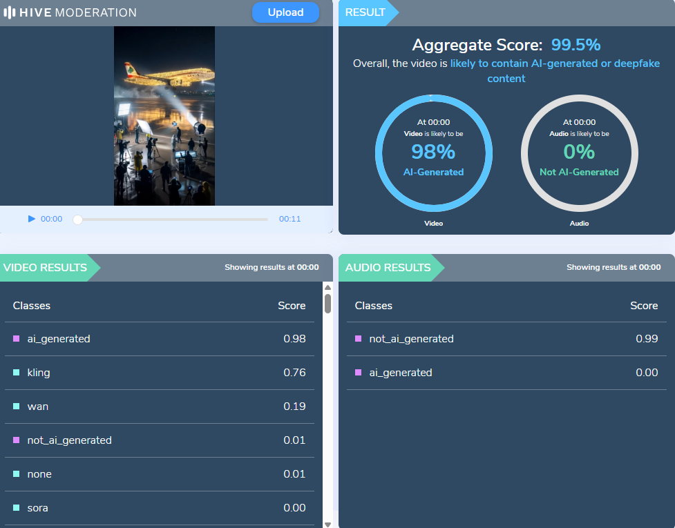 نتيجة فحص الفيديو في موقع Hive Moderation
