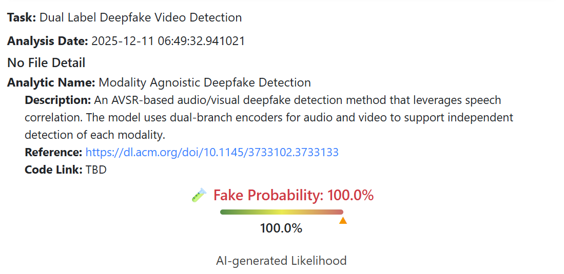 نتيجة فحص الفيديو عبر برنامج DeepFake-O-Meter