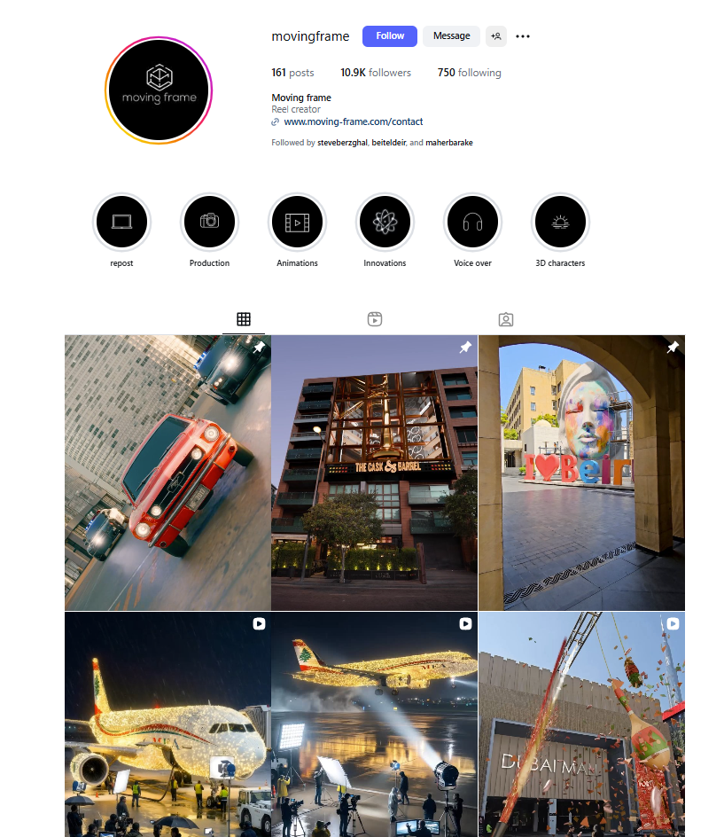 لقطة لحساب Moving Frame في انستغرام