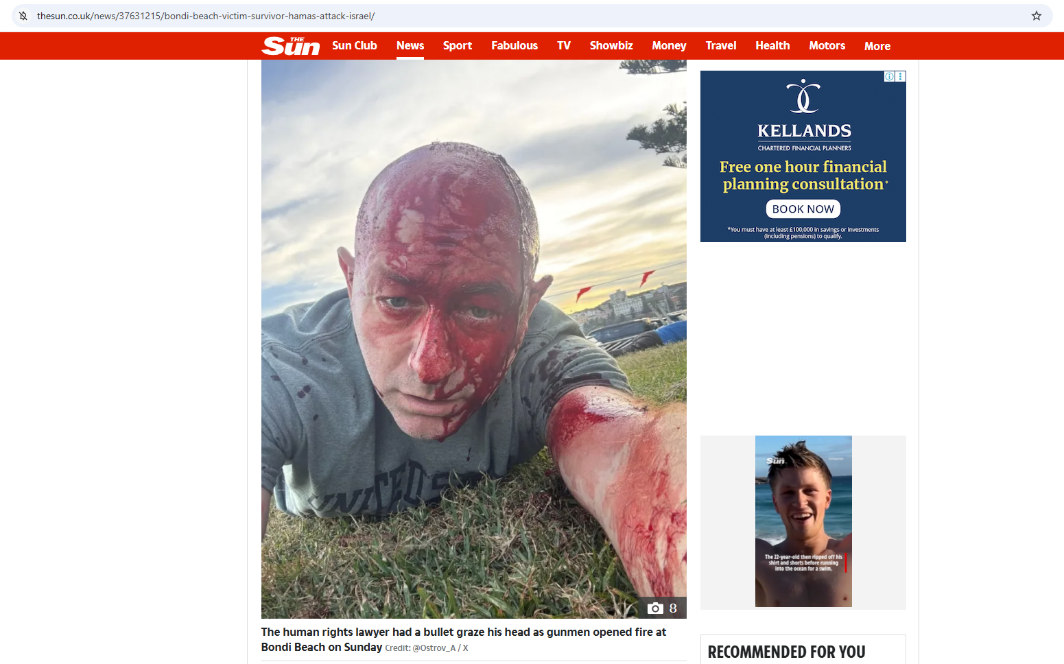 صورة أرسين أوستروفسكي مصابا منشورة في موقع The Sun في 14 كانون الاول 2025