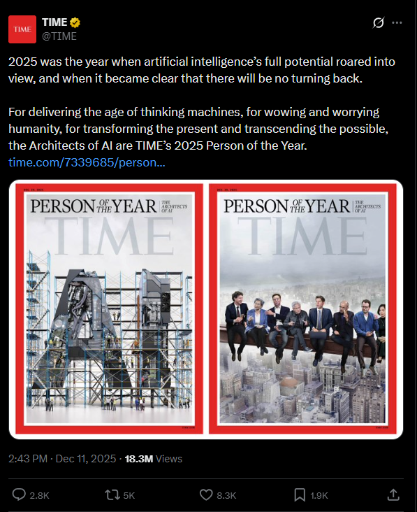 غلاف شخصية عام 2025، منشورا في حساب التايم في اكس (11 كانون الاول 2025)