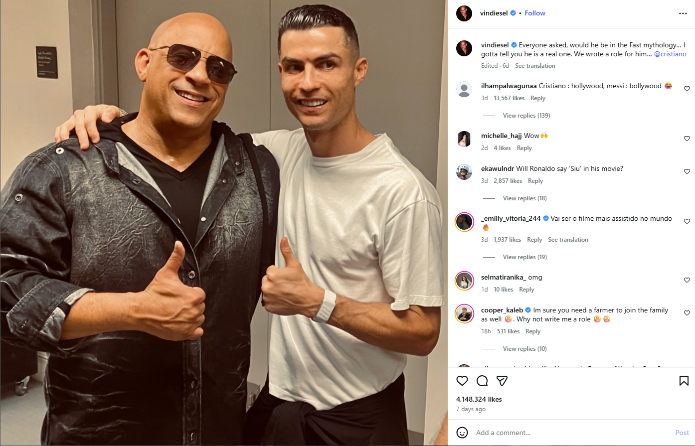 صورة نشرها فين ديزل في انستغرام في 12 كانون الاول 2025