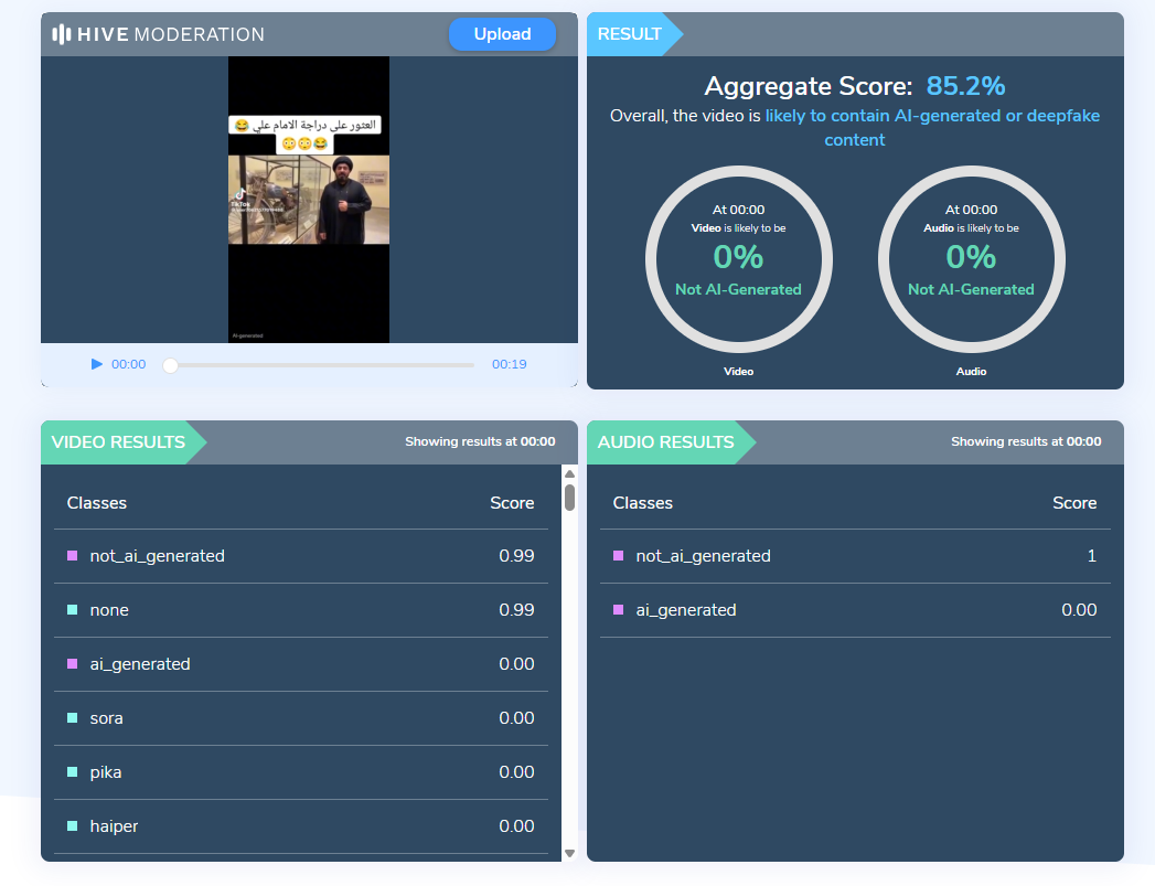 نتيجة فحص الفيديو في موقع Hive Moderation