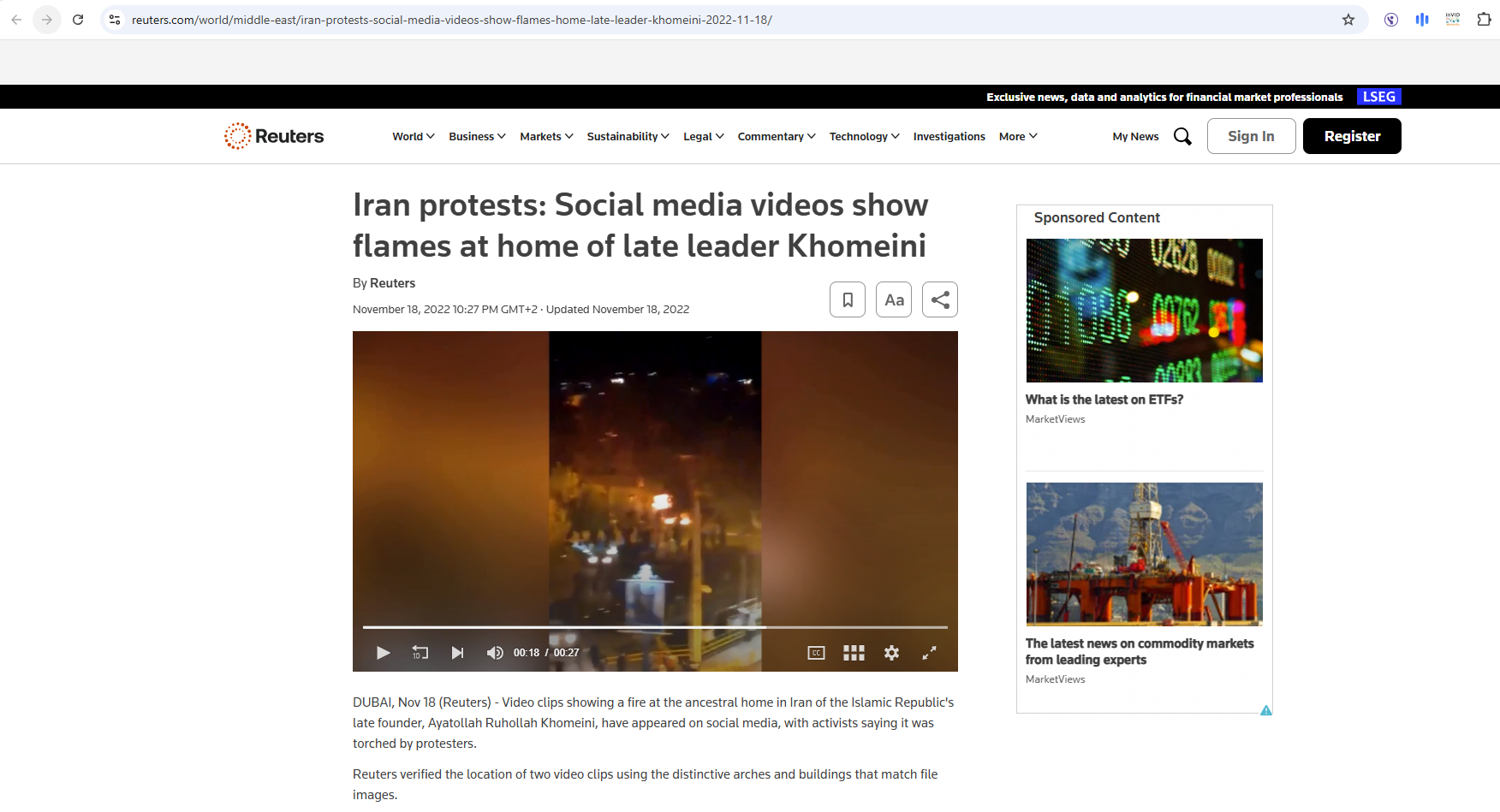 لقطة من الفيديو المنشور في موقع وكالة رويترز في 18 تشرين الثاني 2022