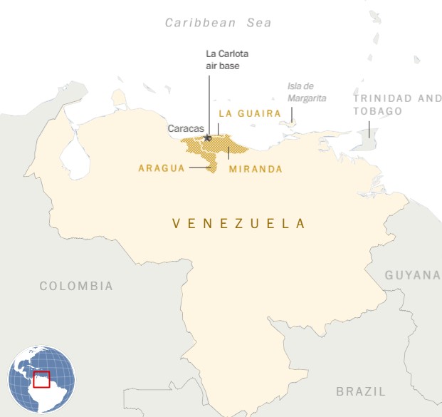 خريطة تظهر مواقع استهدفها الطيران الأميركي في فنزويلا (واشنطن بوست)