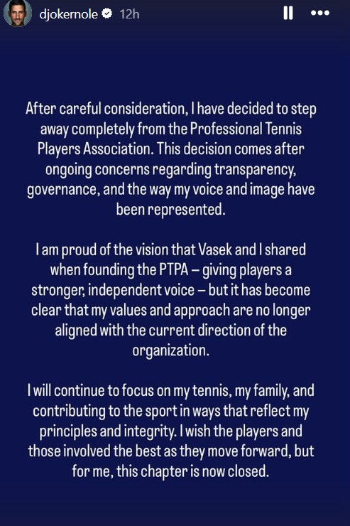 ديوكوفيتش يعلن الانسحاب من النقابة التي أسسها.