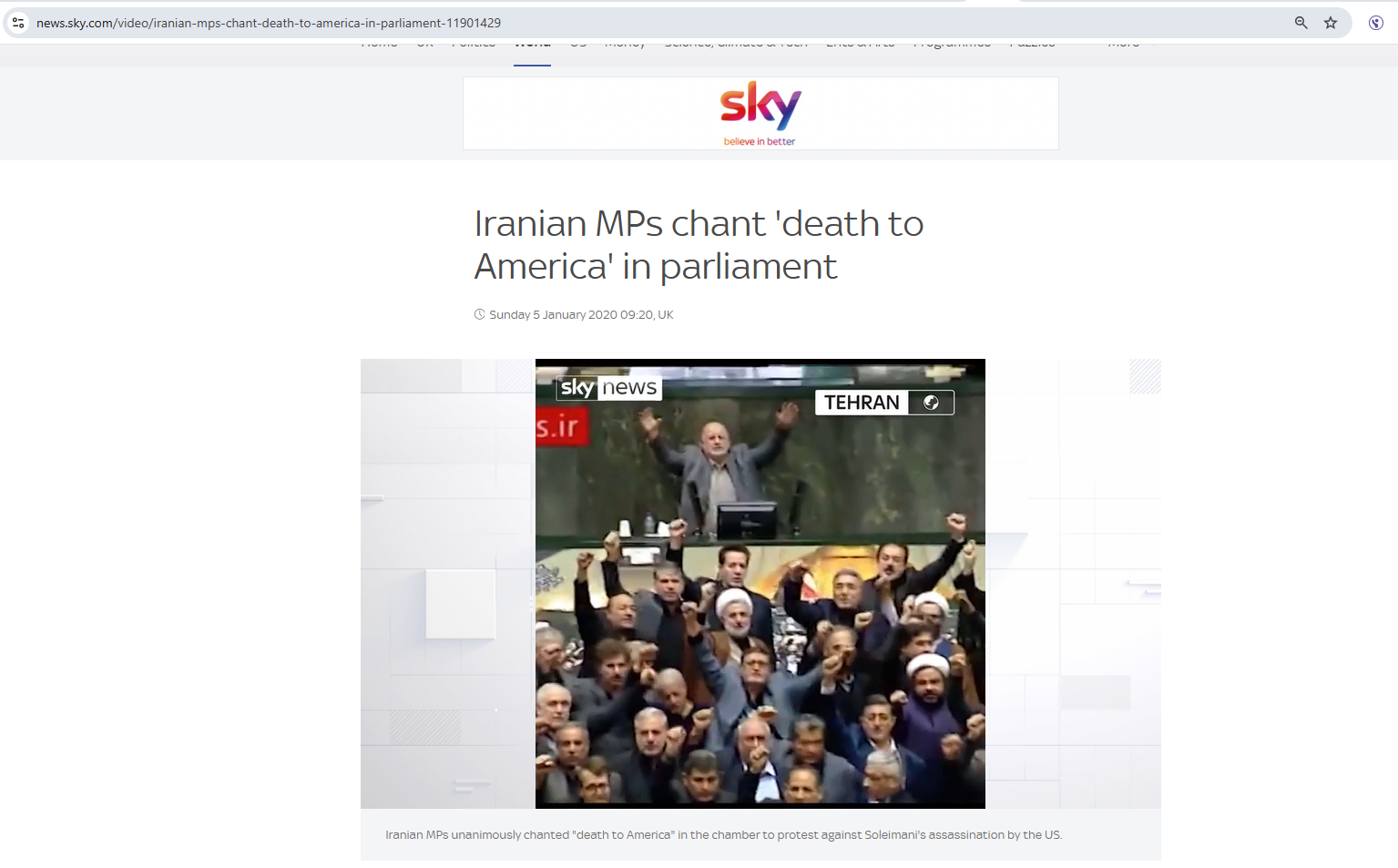 لقطة من الفيديو المنشور في موقع قناة سكاي نيوز في 5 كانون الثاني 2020